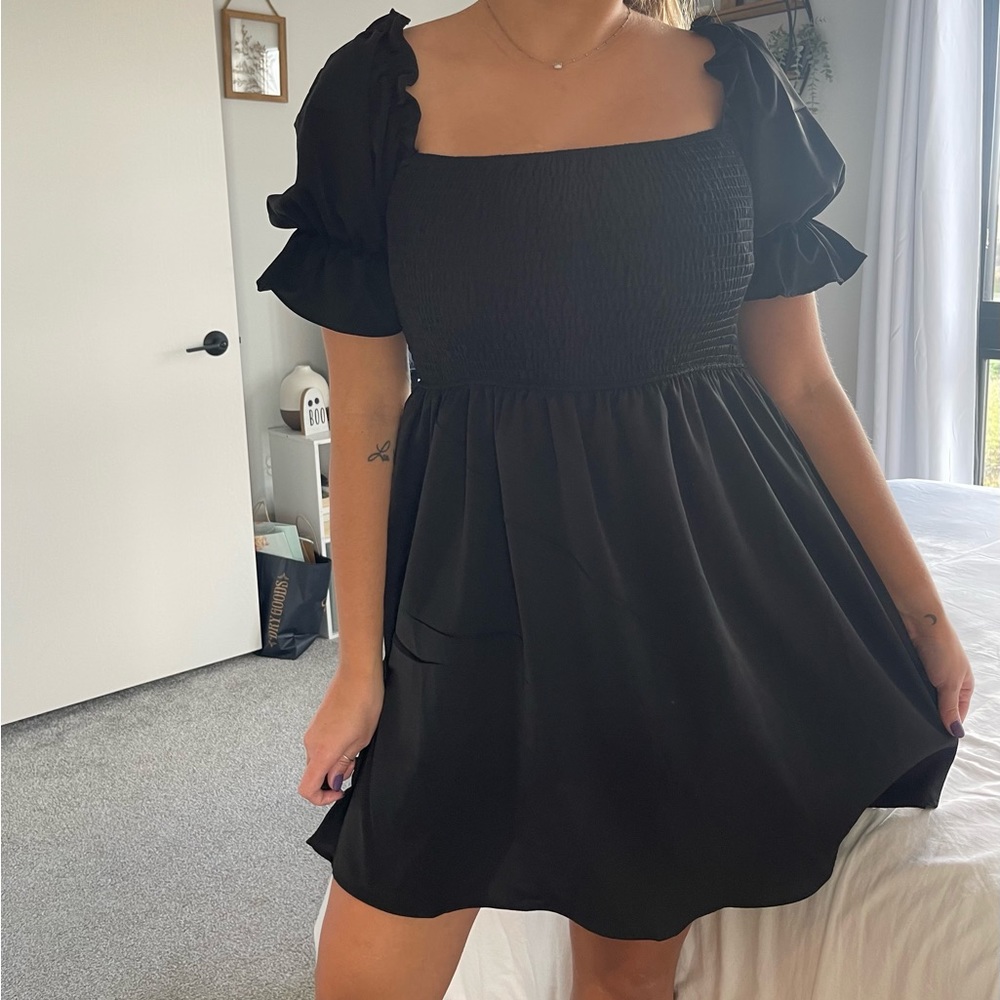 Women's Square Neck Flounce Short Sleeve Shirred Ruffle Hem Dress